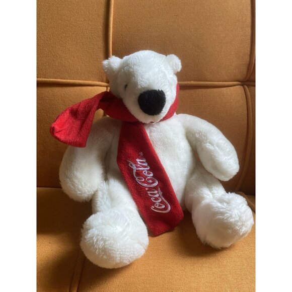 Coca-Cola White Polar Bear Plush Toy Teddy Bear W/ Scarf 10 Inches 2019 Collecti - Picture 1 of 9